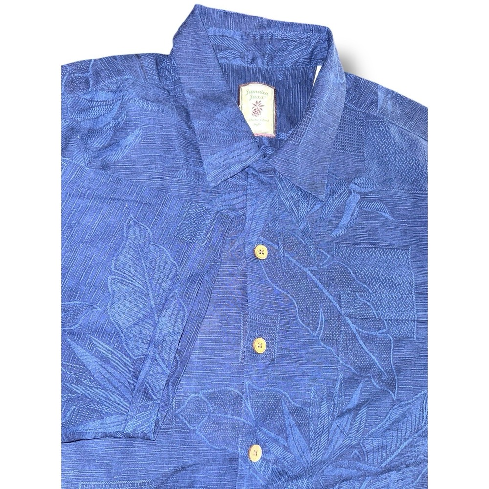 Jamaica Jaxx Mens Blue 100% Silk Tropical Jacquard Short Sleeve Camp Shirt Large